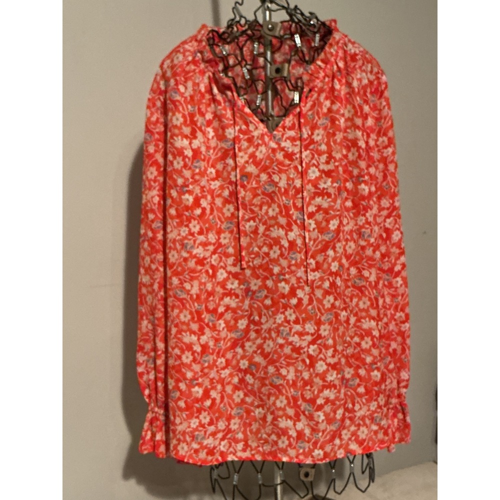 Violet + Claire Orange Floral Ruffle Neck Tie Blouse Smocked Cuff Top Large